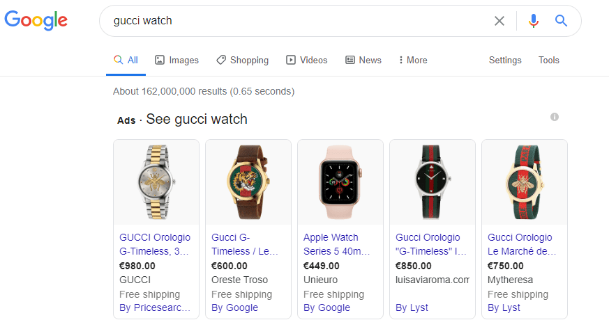 SERP example typing Gucci Watch