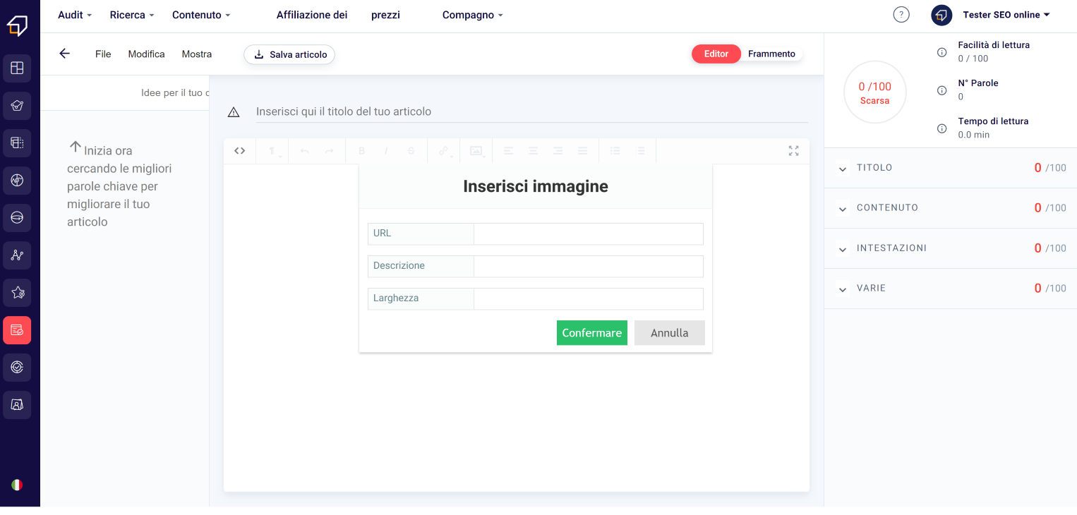 inserisci immagine tramite seo editor