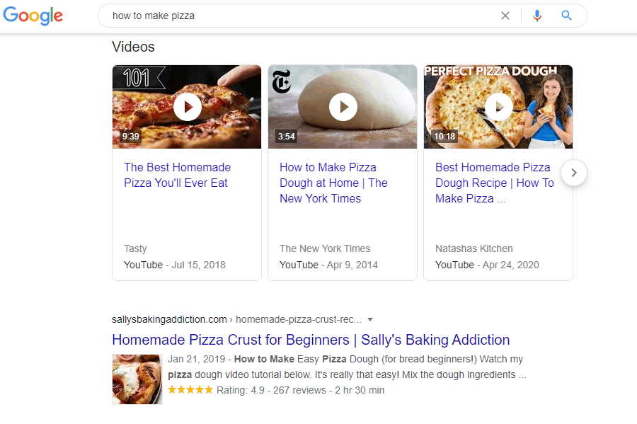 Google SERP typing "how to make pizza"
