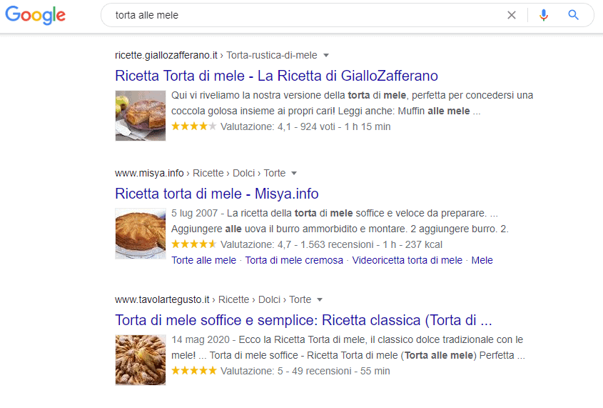 Rich Snippet digitando torta di mele