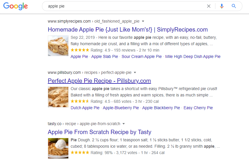 Rich snippet example typing apple pie