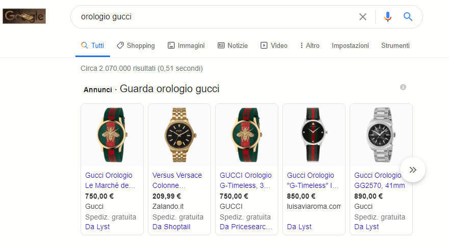 Esempio SERP digitando Orologio Gucci