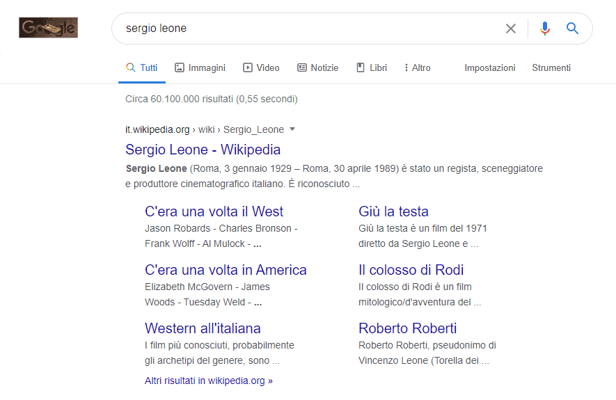 Esempio di SERP digitando Sergio Leone