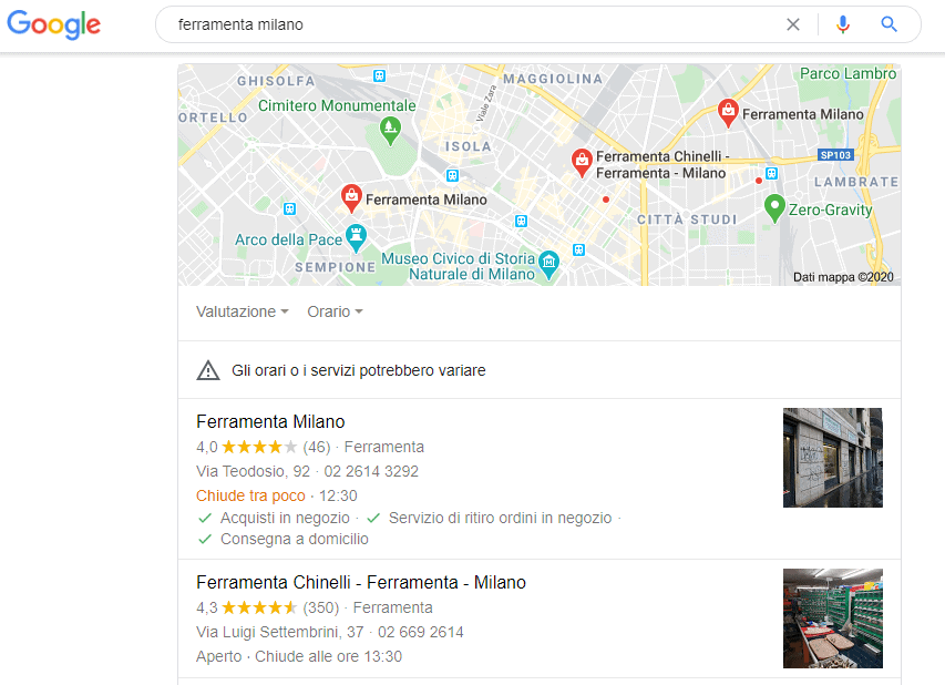 Esempio uso Google My Business digitando ferramenta milano