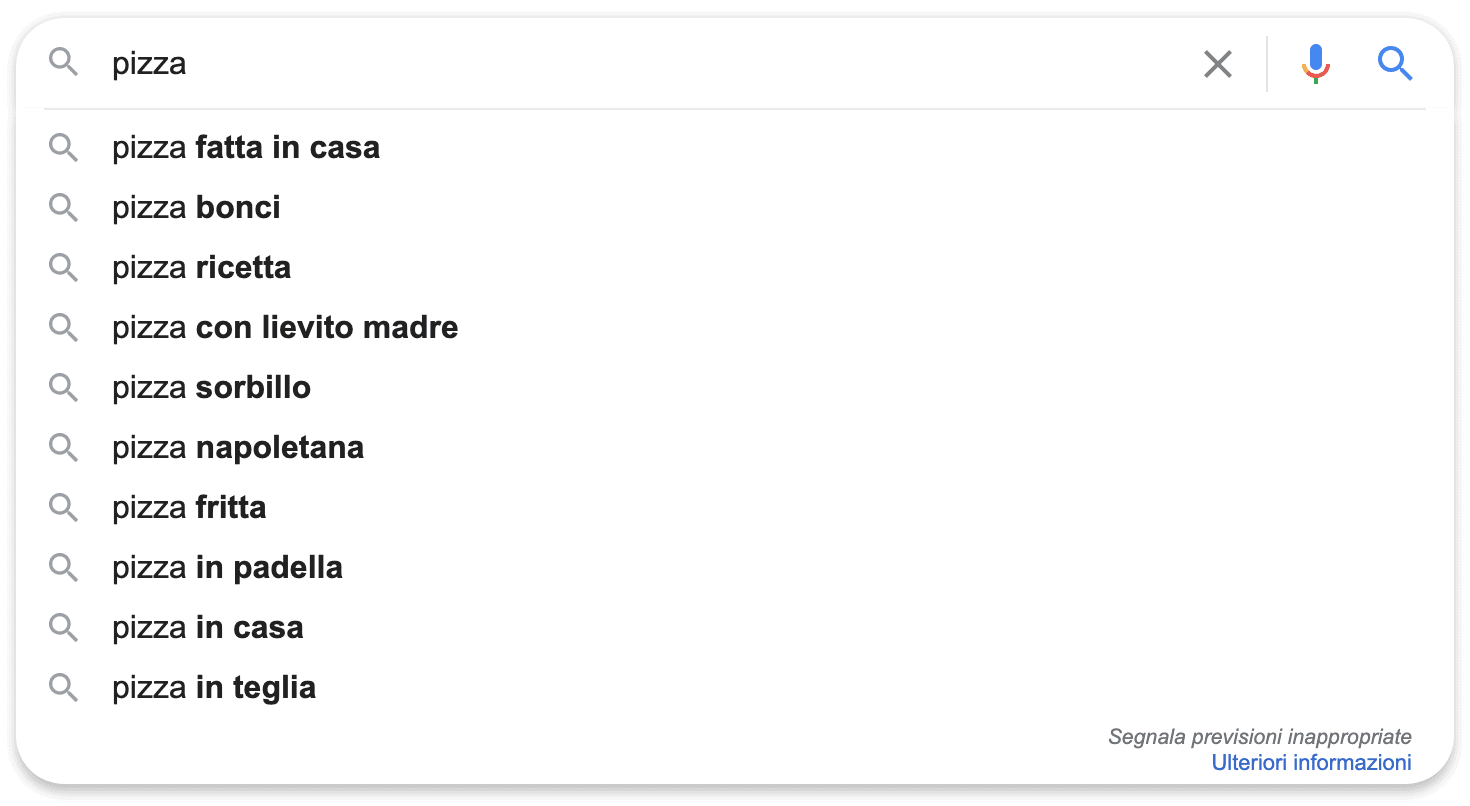 autocompletamento google parola pizza