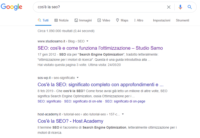 Esempio Snippet digitando "cos'è la SEO?"