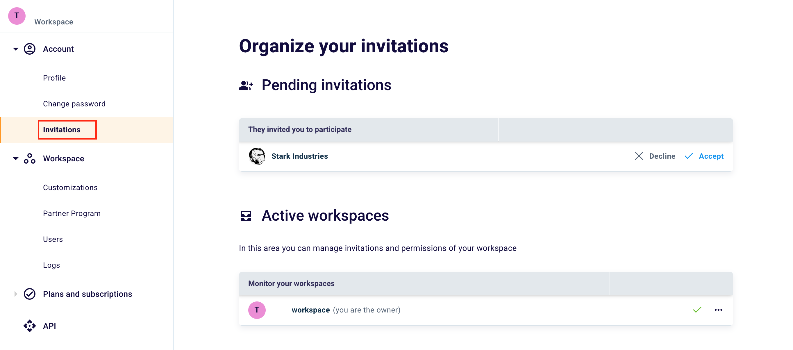 Invitations Workspace Page